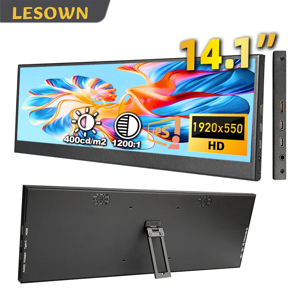 LESOWN Pantalla de barra extendida de 14,1 pulgadas Pantalla secundaria de monitor horizontal estirada IPS de 3840x1100 para consolas de juegos de portátiles de trabajo