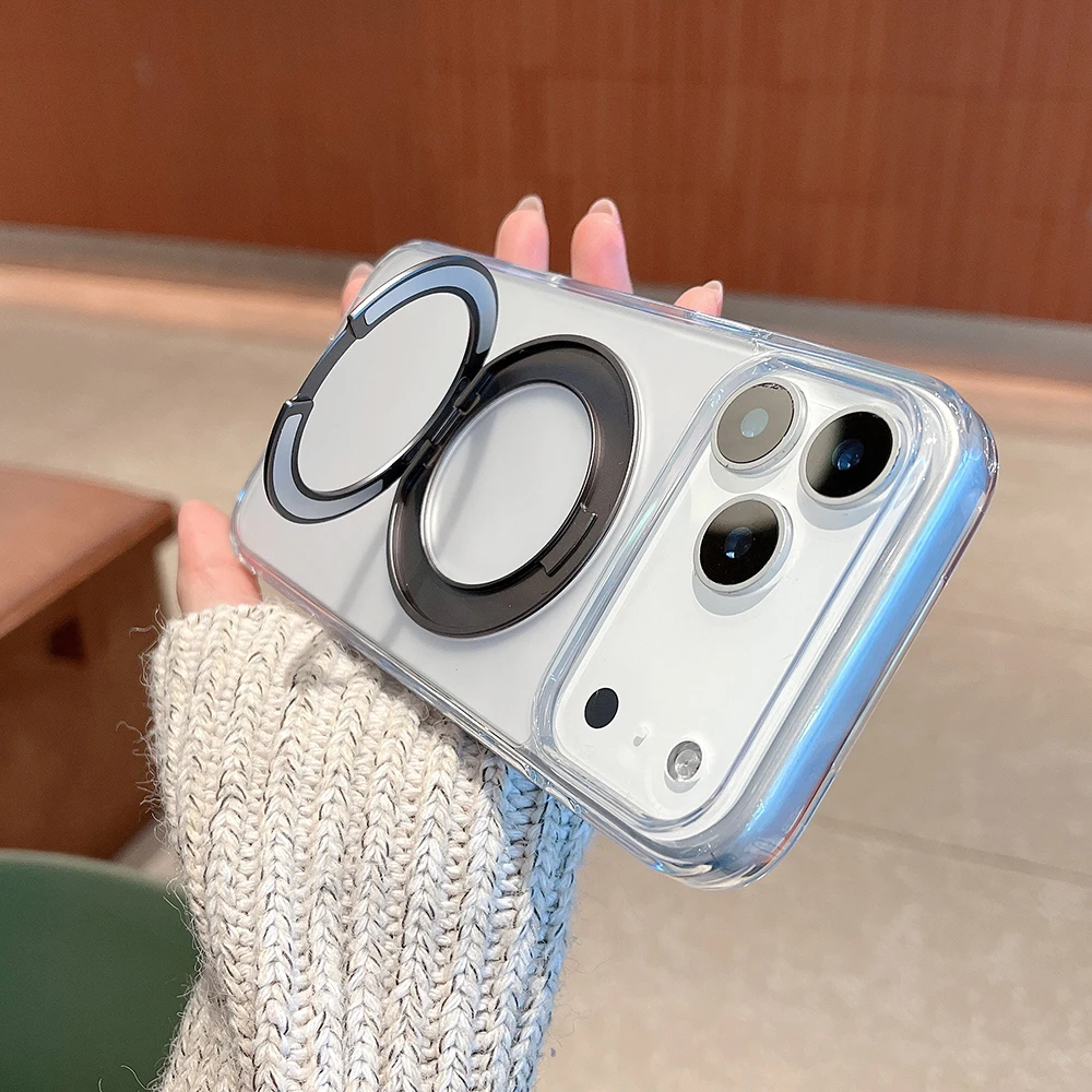 Funda transparente de carga inalámbrica magnética con soporte de Metal oculto de lujo 360 para iPhone 17 17pro 17 ProMax Air para funda MagSafe - imagen 5