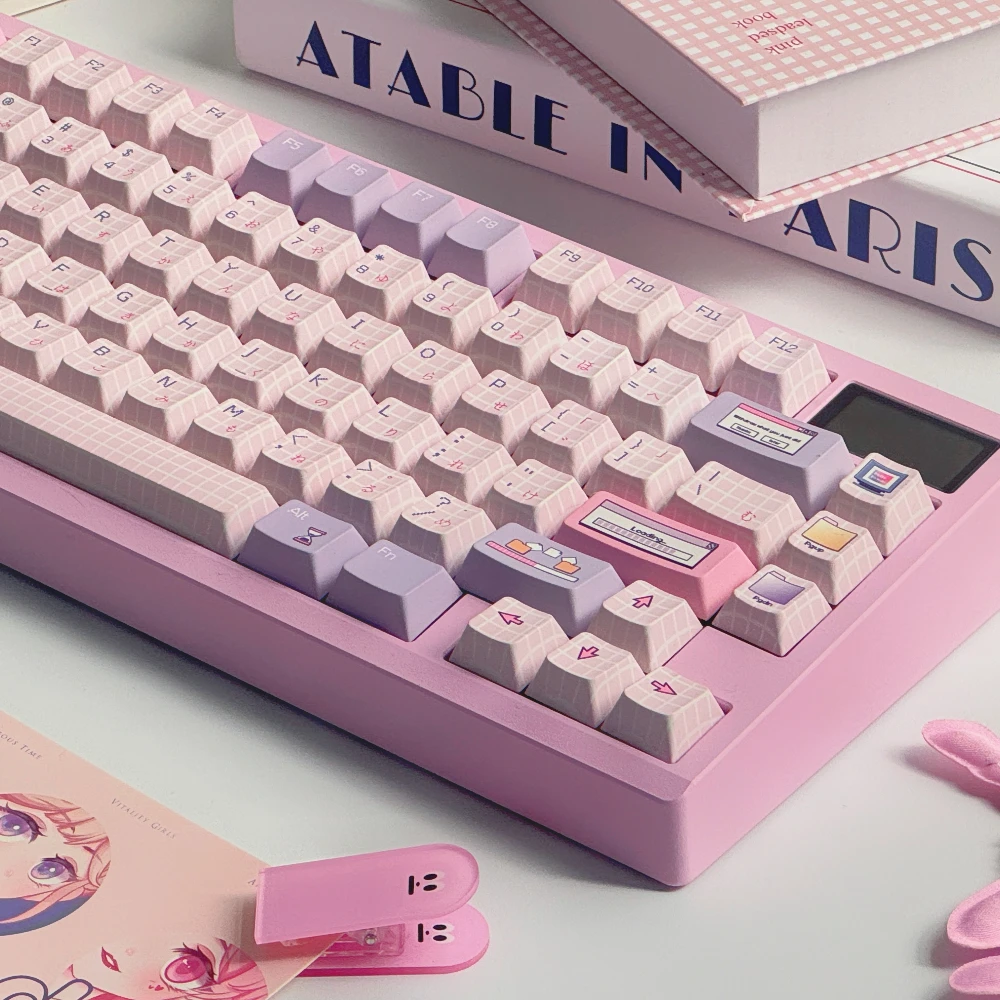 Ventana flotante Shell Keycap Cherry Simple Rosa Púrpura Keycap Japonés Inglés Rosa Plaid Keycap