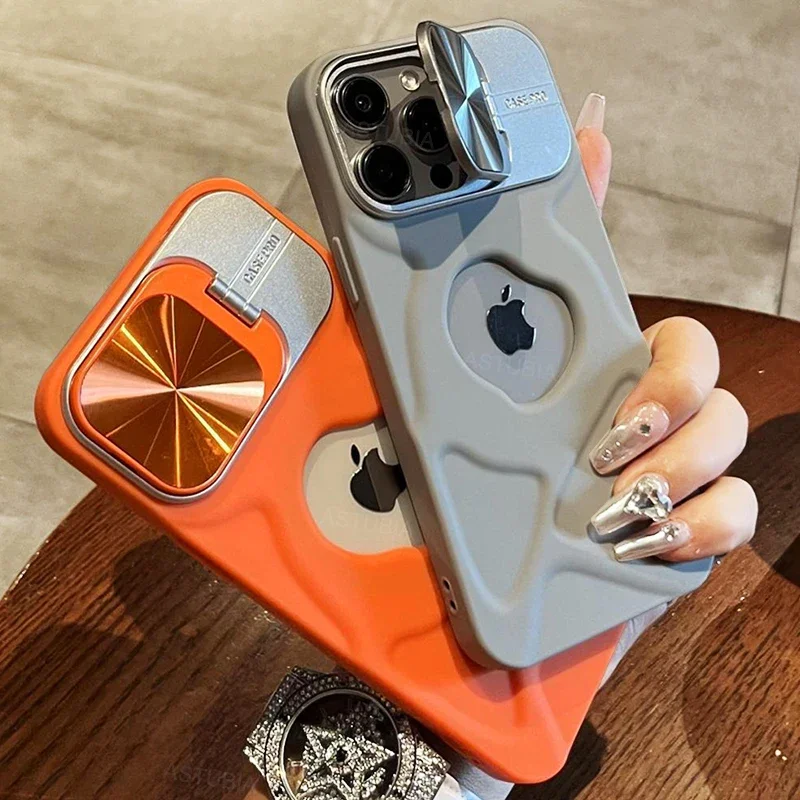 Funda con orificio para logotipo y soporte de lente abatible de lujo para iPhone 16 15 13 11 14 12 Pro Max 15 Plus Magsafe, funda con soporte Invisible suave de silicona - imagen 3