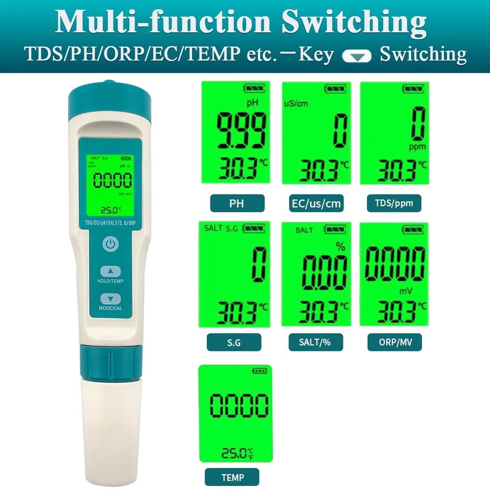 Bolígrafo de detección de calidad del agua multifuncional, instrumento de medición de PH, Sensor TDS, TEMP, EC, Detector de salinidad SG ORP - imagen 4