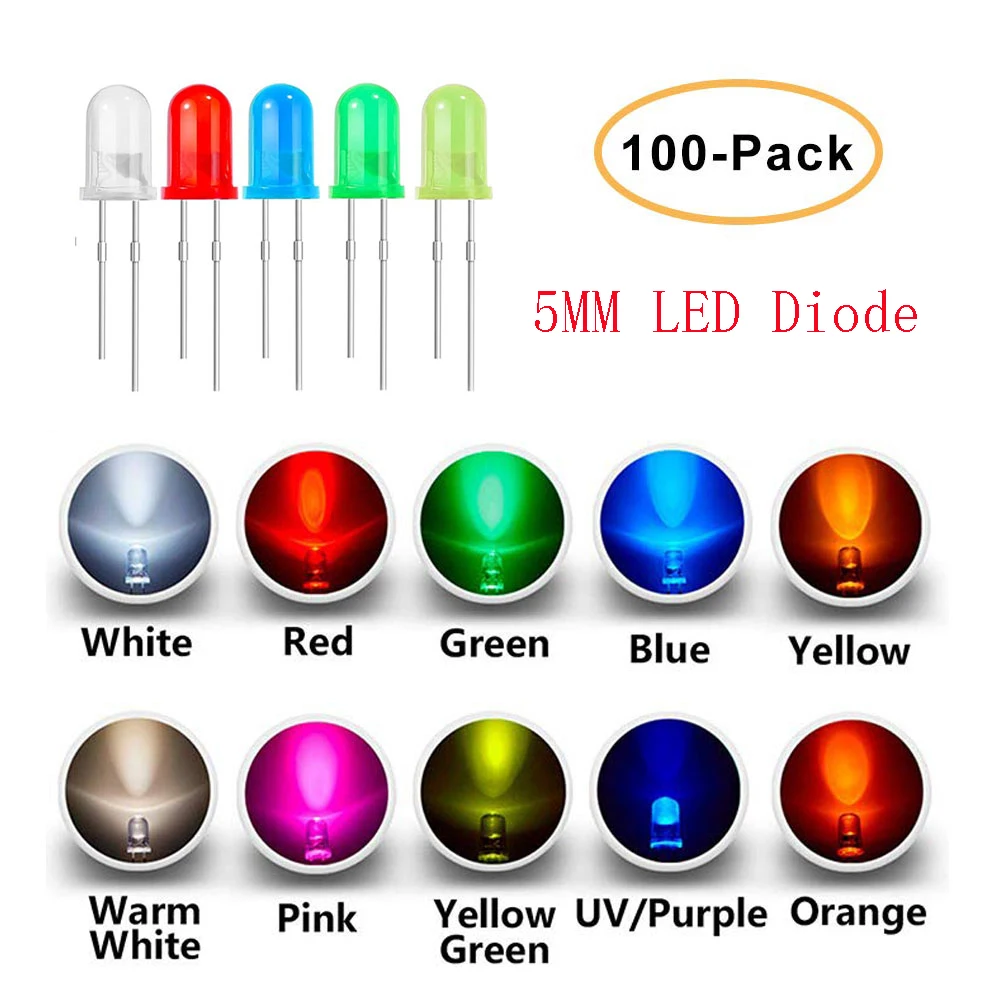 Surtido de luces LED F5, Kit de diodos de 5mm, blanco cálido, rojo, azul, verde, UV, naranja, amarillo y rosa, bricolaje, 100 unidades por lote