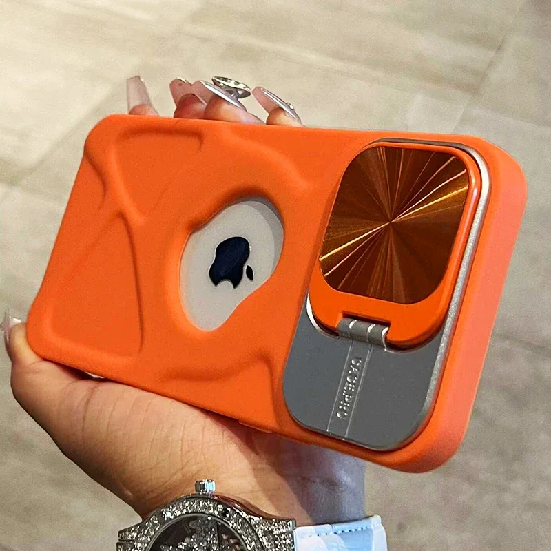 Funda con orificio para logotipo y soporte de lente abatible de lujo para iPhone 16 15 13 11 14 12 Pro Max 15 Plus Magsafe, funda con soporte Invisible suave de silicona - imagen 2