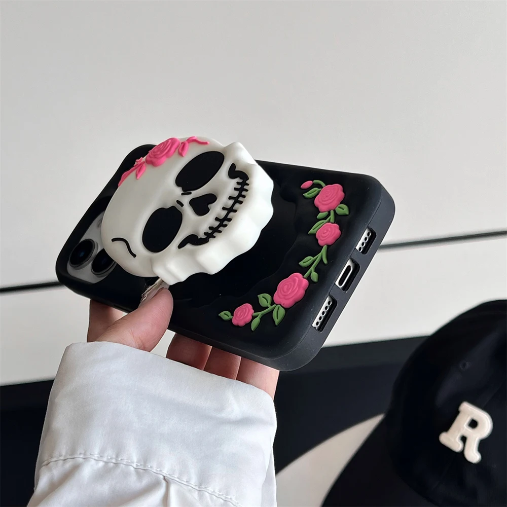 Moda creatividad cráneo Horror Rosa soporte funda para IPhone 17 16 15 14 13 12 11 Pro Max Plus funda suave a prueba de golpes - imagen 5