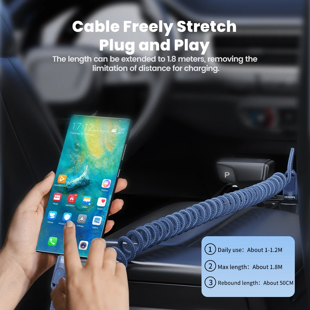 Toocki 100W Cable de datos de resorte de coche Cable de carga rápida corto Cable USB C a USB C para iPhone 15 Huawei Xiaomi Samsung Cable tipo C - imagen 3
