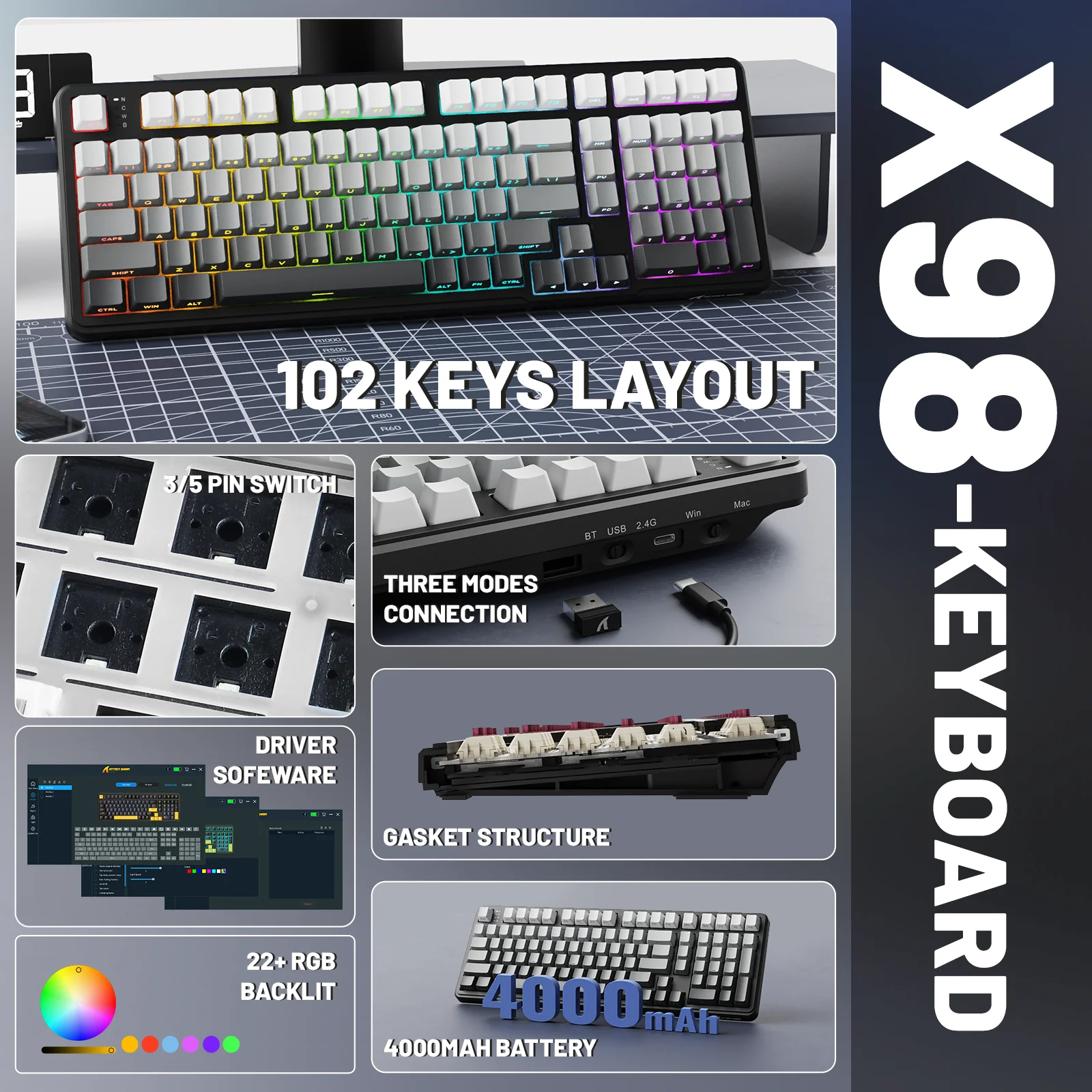 ATTACK SHARK X98 Teclado mecánico con junta trimodo de tamaño completo, diseño de 102 teclas, espumas de 5 capas, intercambiable en caliente, RGB, interruptor lineal - imagen 3