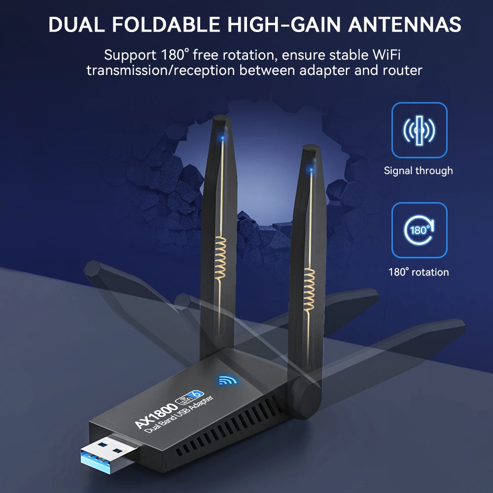 Adaptador USB WIFI 6 de 1800M, tarjeta de red AX1800 Dual de antena, banda Dual 2,4G 5G, adaptador WiFi para PC, portátil, tableta, controlador de juegos - imagen 2