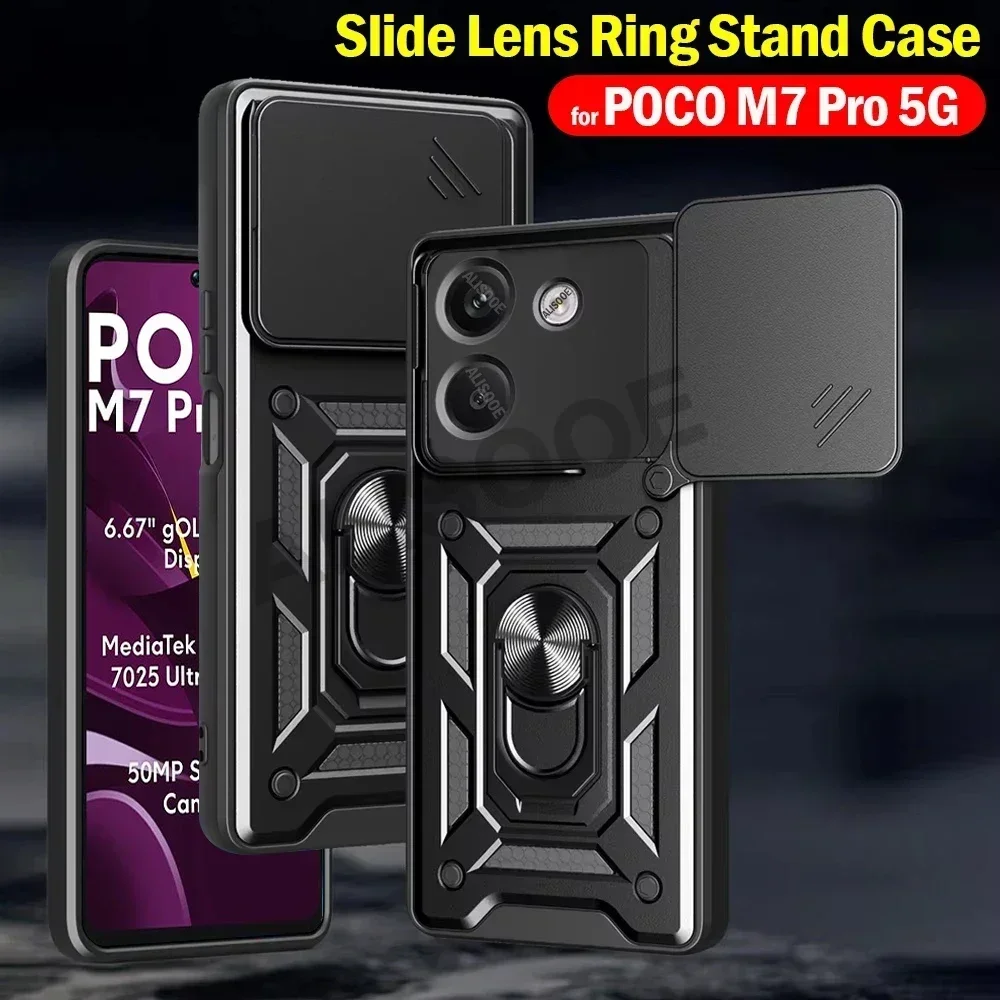 Armadura Funda para POCO M7 Pro 5G Funda deslizante Cámara anillo giratorio soporte Funda a prueba de golpes para Xiaomi POCO M7 Pro 5G Capa Funda - imagen 3