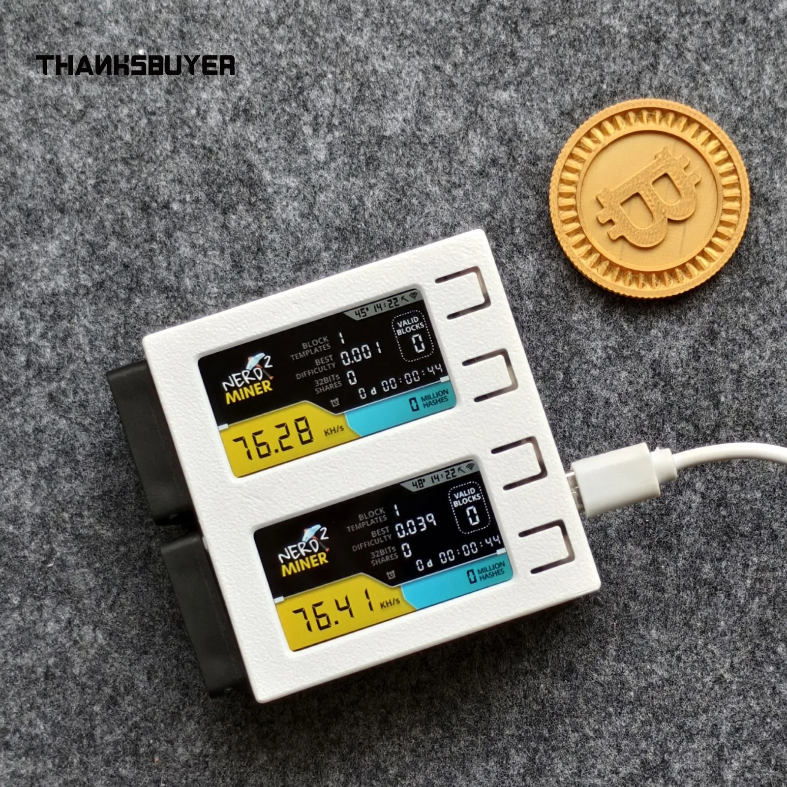 NerdMiner V2 DUO 156KH/s Solo Bitcoin Miner Bitcoin Lottery Miner (negro/blanco/naranja/carcasa cian) con 2 ventiladores 2 pantallas