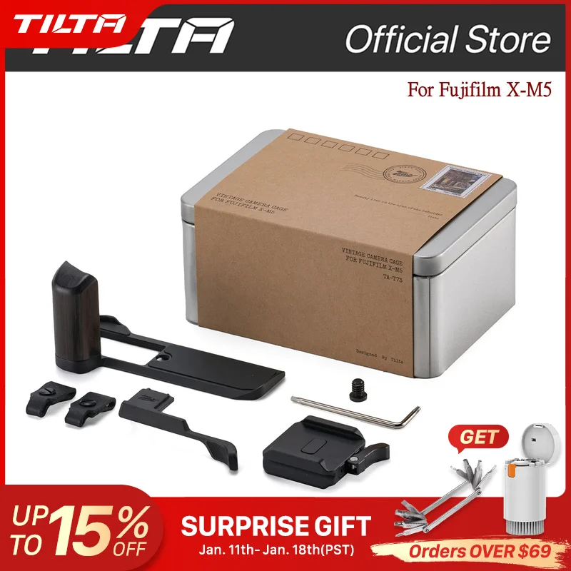 TILTA TA-T73 para Fujifilm X-M5 Kit de Base de jaula de cámara Vintage, placa Base con agarre de madera, soporte de pulgar de zapata de cuero