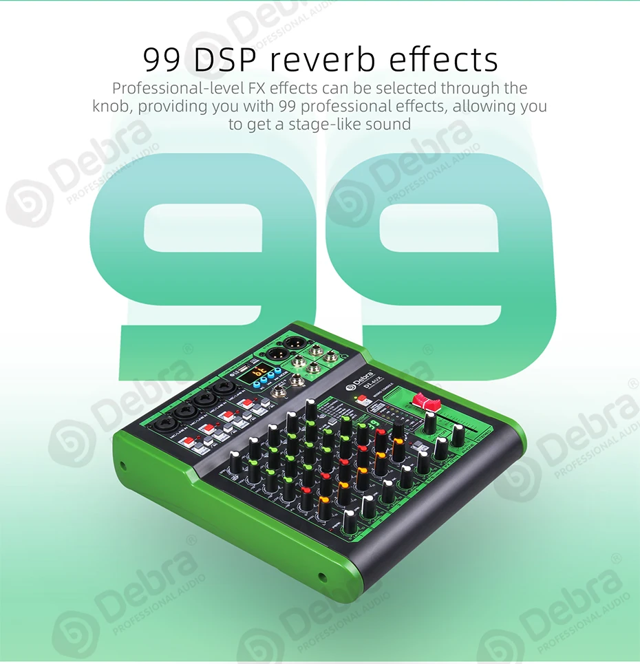 Mezclador de Audio Debra, consola de DJ con efecto Digital 99DSP, alimentación fantasma de 48V, USB MP3 para grabación de Karaoke y PC - imagen 4