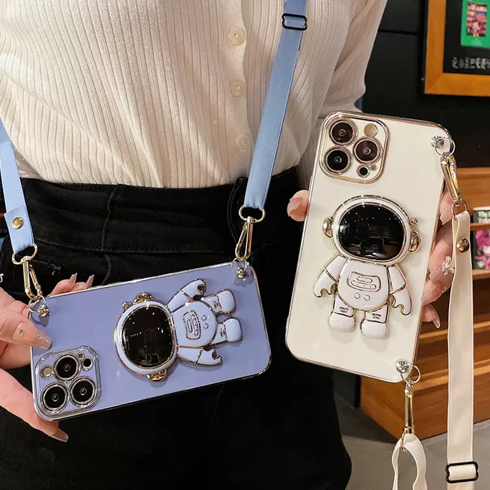 Funda de teléfono con cordón cruzado de astronauta para Huawei Nova Y70 Y90 Nova 10 Pro 8i 9 SE 7i 5t 3i 4e, funda cuadrada con soporte chapado - imagen 3