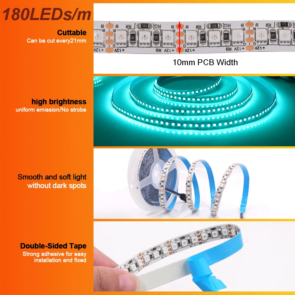 5m 3535SMD 5mm 8mm 10mm de ancho PCB 60LEDs/m 120LEDs/m 180LEDs/m RGB tira de LED Color cambiable 12V DC cinta LED Flexible IP21/IP67 - imagen 5