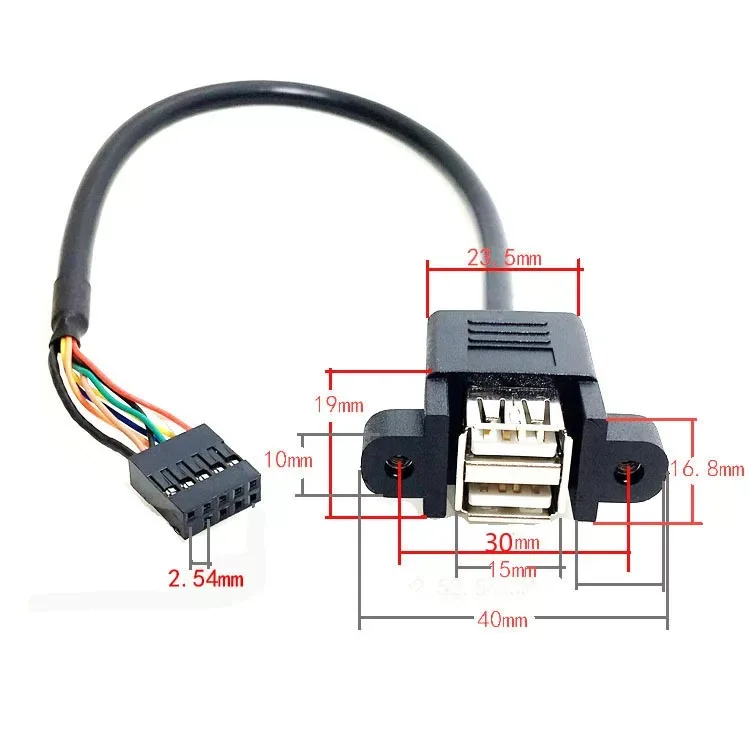Placa base de 9 pines, cabezal hembra de 2,54mm a Cable adaptador hembra USB 2,0 Dual, placa principal convierte USB2.0, dos líneas de extensión de 30cm y 50cm - imagen 2