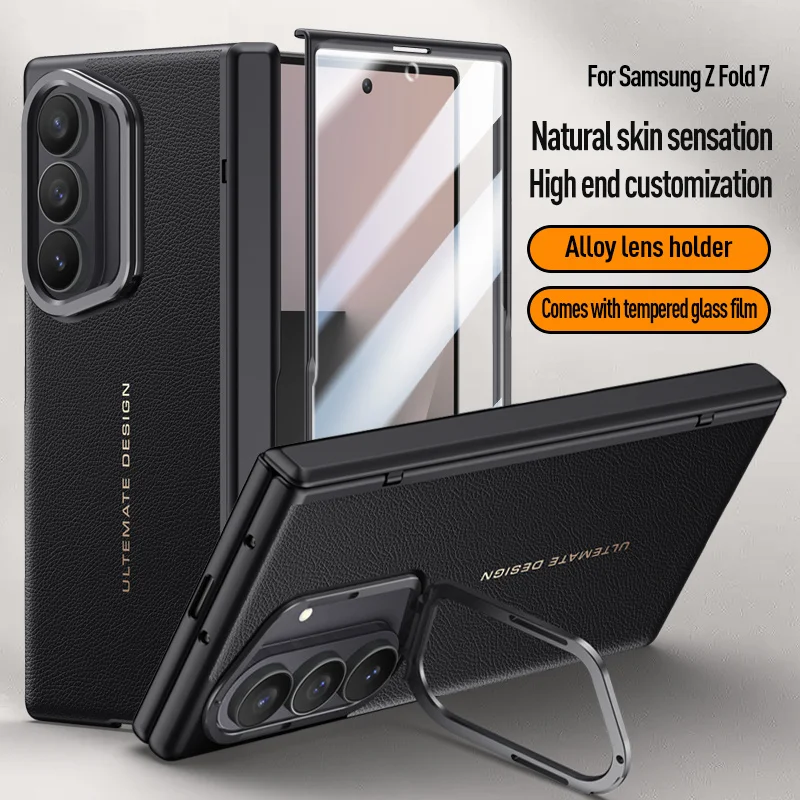 Funda protectora de cuero PU con pantalla de privacidad, película protectora de vidrio templado para Samsung Galaxy Z Fold7 5G, funda con soporte para cámara con bisagras de resorte