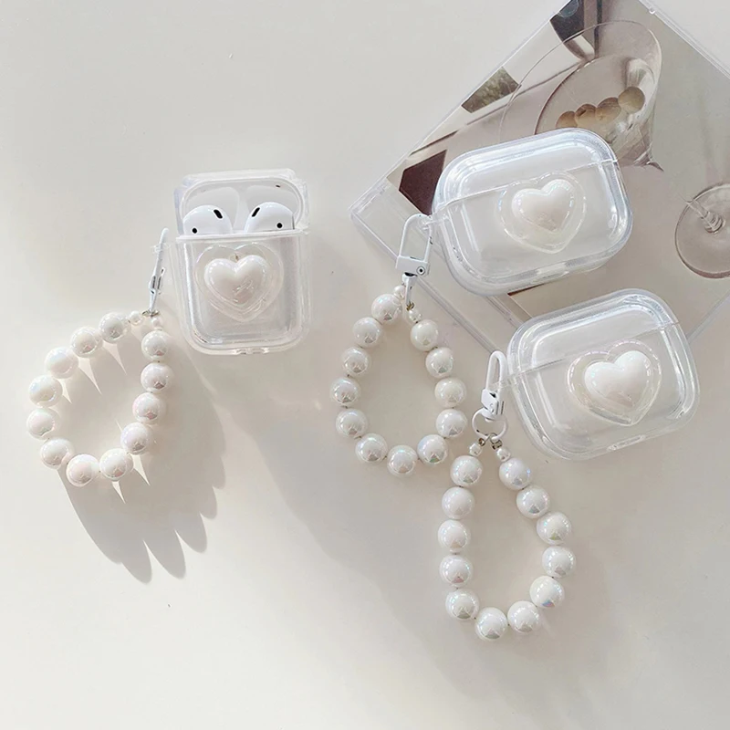 Funda Simple para auriculares con forma de corazón y perlas láser para AirPods Pro2, caja de carga para auriculares de tercera generación, funda protectora para Air Pods 2, llavero - imagen 4