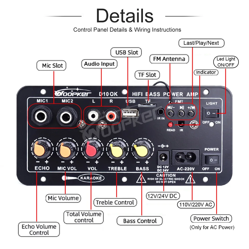 Woopker-placa amplificadora de Audio, 30-120W, compatible con micrófono Dual, Bluetooth, amplificador Subwoof para altavoz de 4Ohm, 12V, 24V, 110V, 220V - imagen 5