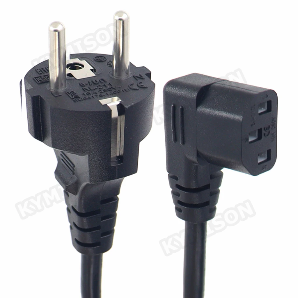 CEE7/7 Cables de alimentación europeos rectos Schuko a IEC C13, Cable H05VV-F de 0,75 mm, Cable de alimentación de ángulo de 90 grados Schuko de la UE a C13, 150 CM