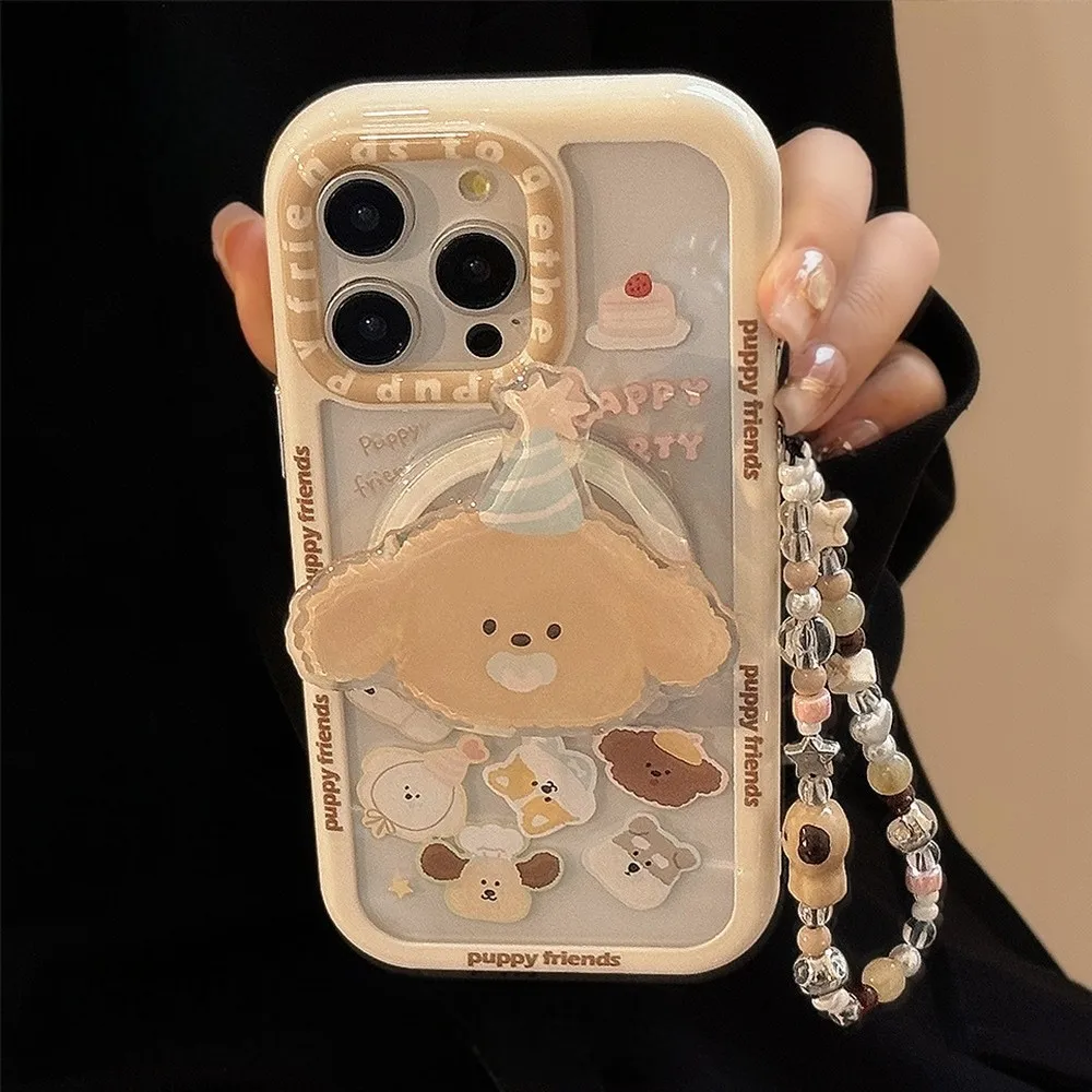 Funda de teléfono con bonito cachorro y perro, con correa de cuentas y soporte magnético para iPhone 16 Pro Max Plus 15 14 13 12 11, funda de dibujos animados para niñas - imagen 2