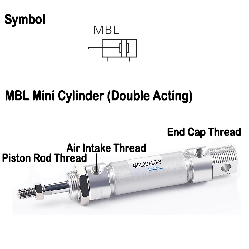 Mini cilindro de aire serie MBL MBL20/25/32 cilindro neumático de barril de aluminio Mini cilindro de carrera de 10-400mm - imagen 4