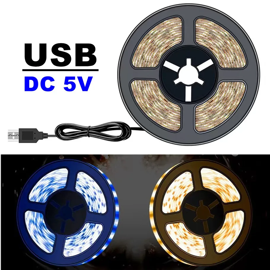 Tira de luces LED para decoración del hogar, cinta de iluminación de fondo de TV, lámpara de 1- 5m, CC de 5V, USB, Blanco cálido, 2835