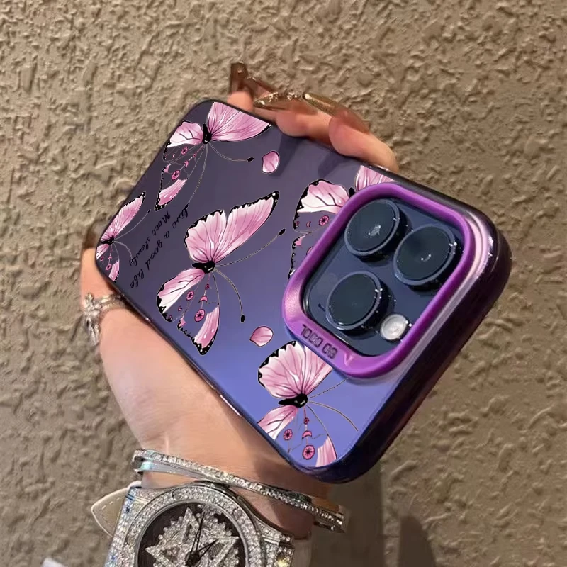 Funda de teléfono IMD de Color negro y morado con mariposa a la moda para iPhone 16 Pro Max 15 14 13 12 11 XS X XR 7 8 Plus SE 2020 cubierta chapada - imagen 3