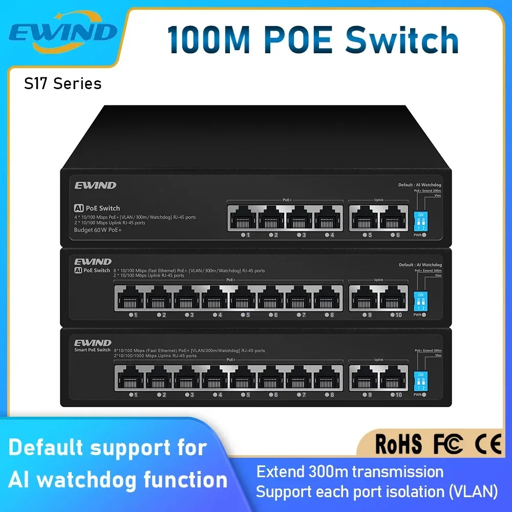 Conmutador de red Ethernet, 4 o 8 puertos, 120W, VLAN, 8x100M + 2 x puerto RJ45, iEEE 802. 3AF/en el buje