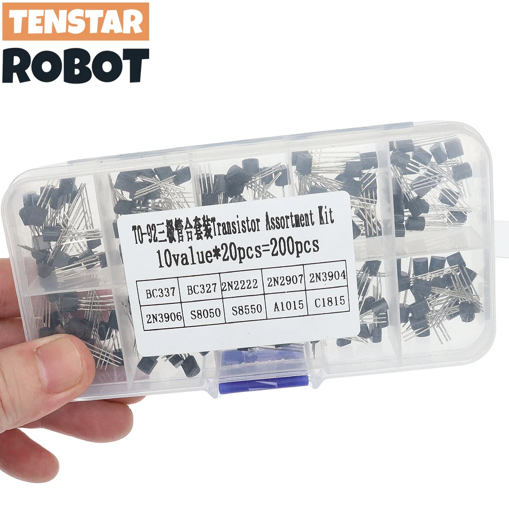 TO-92 BC337 BC327 2N2222 2N2907 2N3904 2N3906 S8050 S8550 A1015 C1815 Kit surtido de transistores 10 valores 200 piezas, caja de transistores