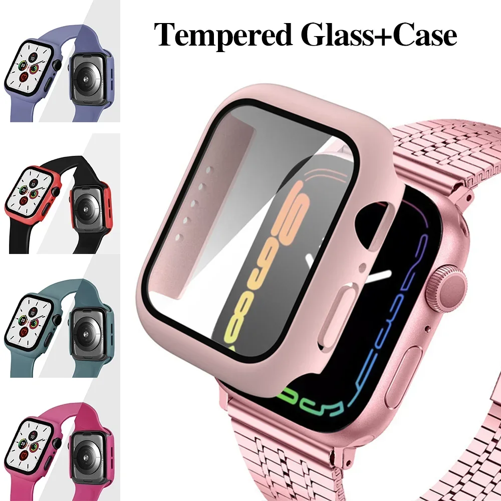 Vidrio templado + funda para Apple Watch series 9 8 7 6 5 4 3 SE 45mm 44mm 40mm 42 38 41mm cubierta parachoques Protector de pantalla Accesorios - imagen 4