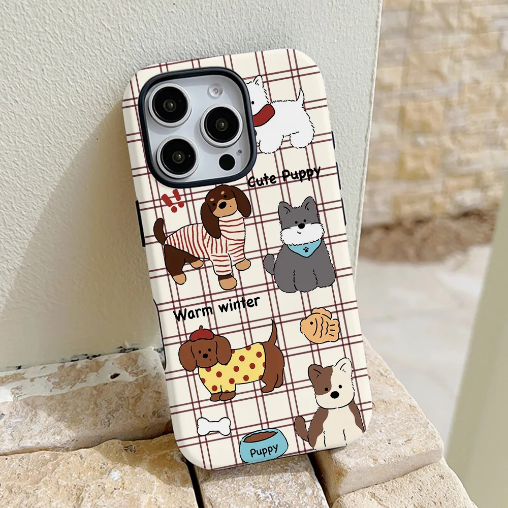 Funda de teléfono con dibujos de cachorros y gatos para iPhone 16, 15, 14, 13, 12, 11 Pro Max Plus, funda trasera magnética de lujo de doble capa