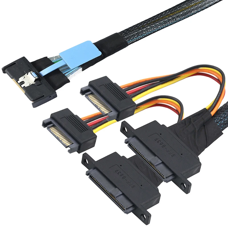 PCI-E Slimline 5.0 MCIO 8i 74 pines a 2X SFF-8639 + cable de alimentación SATA 15P con orificios para tornillos