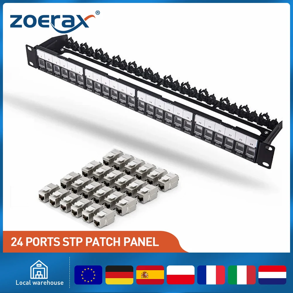 Panel de conexión blindado ZoeRax RJ45 con conector Keystone CAT7 1U Panel de conexión de 19 pulgadas con barra trasera extraíble para cable Ethernet CAT7/6A