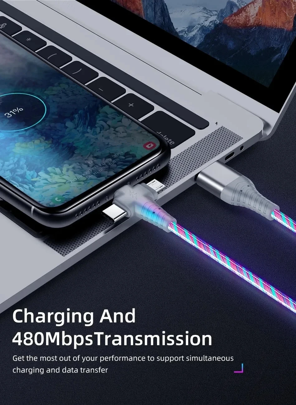 Cable USB luminoso de primera clase 3A tres en uno, cable LED USB a Micro USB/tipo C, cable cargador de 8 pines, adecuado para teléfonos inteligentes - imagen 2