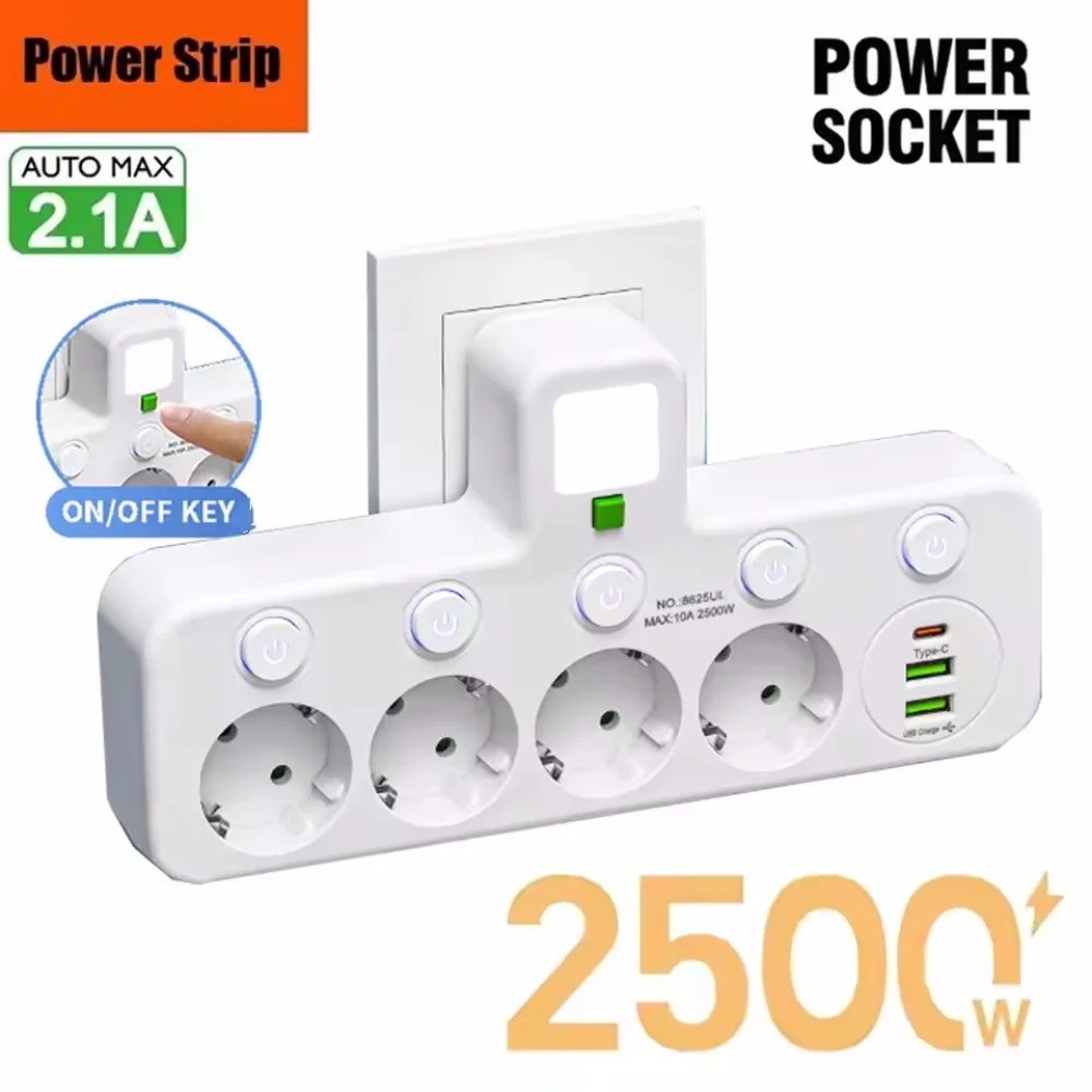 Regleta de alimentación con enchufe de CA de la UE, interruptor independiente montado en la pared, filtro de red con enchufe multiap con adaptador de filtro de red de carga USB