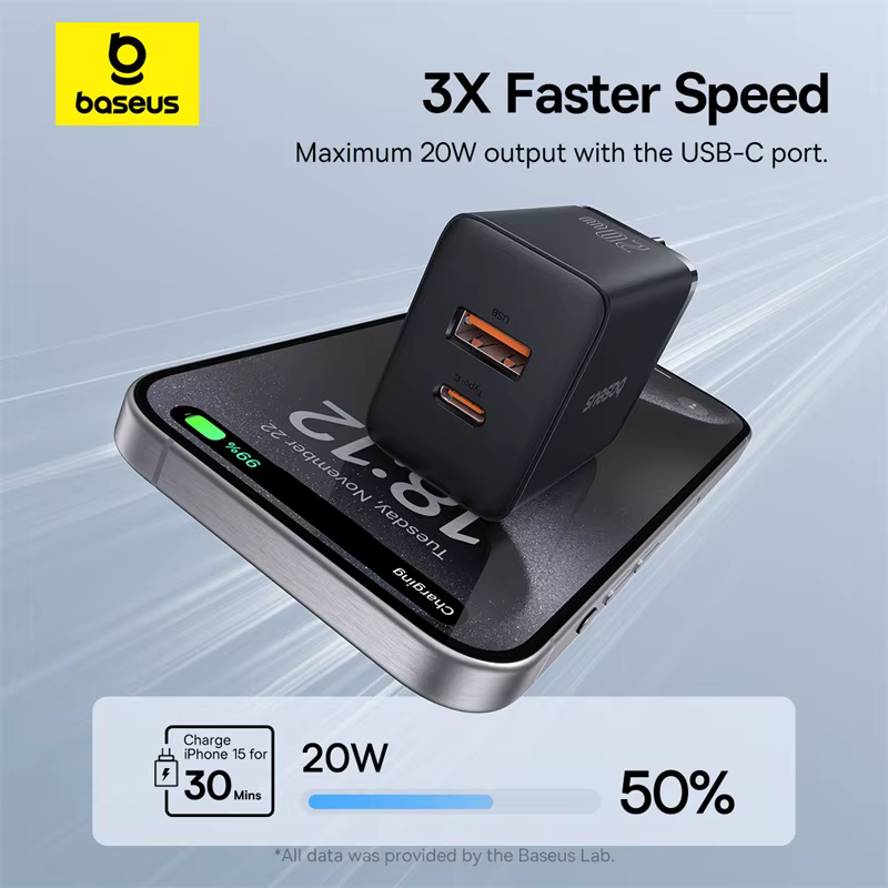 Baseus Cargador USB-C 20W PD Dual Carga Rápida iPhone - imagen 5