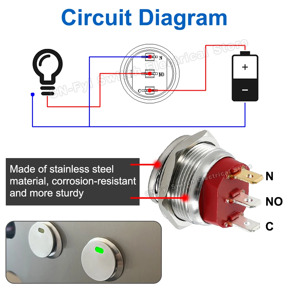 Interruptor basculante de botón de Metal de 16/19/22mm, acero inoxidable, 12V, 20A, autobloqueo, dos posiciones, interruptores de palanca para coche, ON-OFF, 220V, 15A, 3 pines - imagen 4