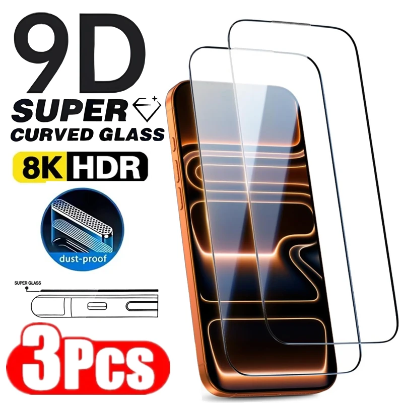 3 piezas 9D Arc Edge vidrio templado para iPhone 17 16 15 14 13 12 11 Pro XR Max Plus Protector de pantalla para iPhone 17 Pro Max vidrio