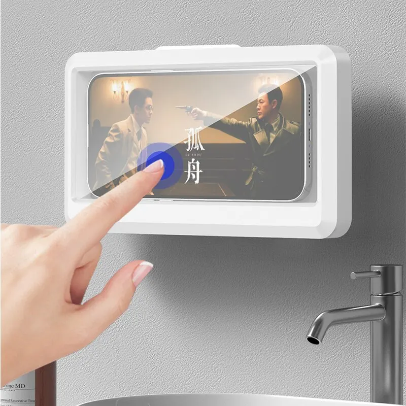 Soporte para teléfono impermeable para baño, caja de soporte para teléfono de pared para el hogar, soporte para teléfono con pantalla táctil autoadhesiva, almacenamiento de sellado para ducha - imagen 4