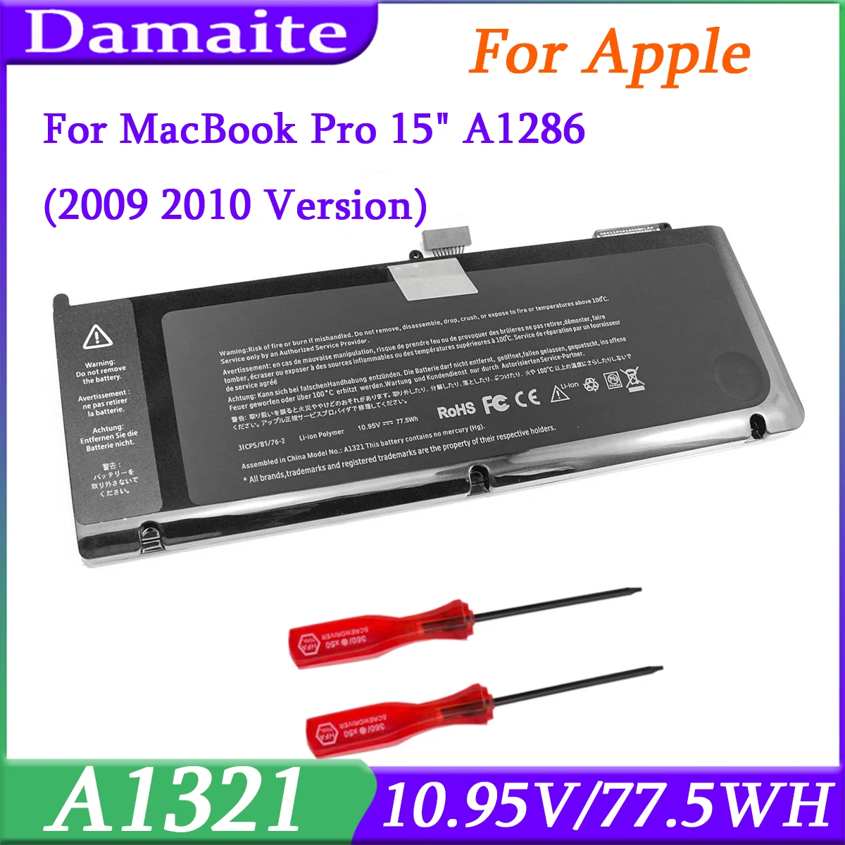 A1321 batería para Apple MacBook 15 "A1286 2009 2010 020-6380-A MC118LL/a MC372 MC371 MB985 MB986LL/a 10,95 V 77.5wh