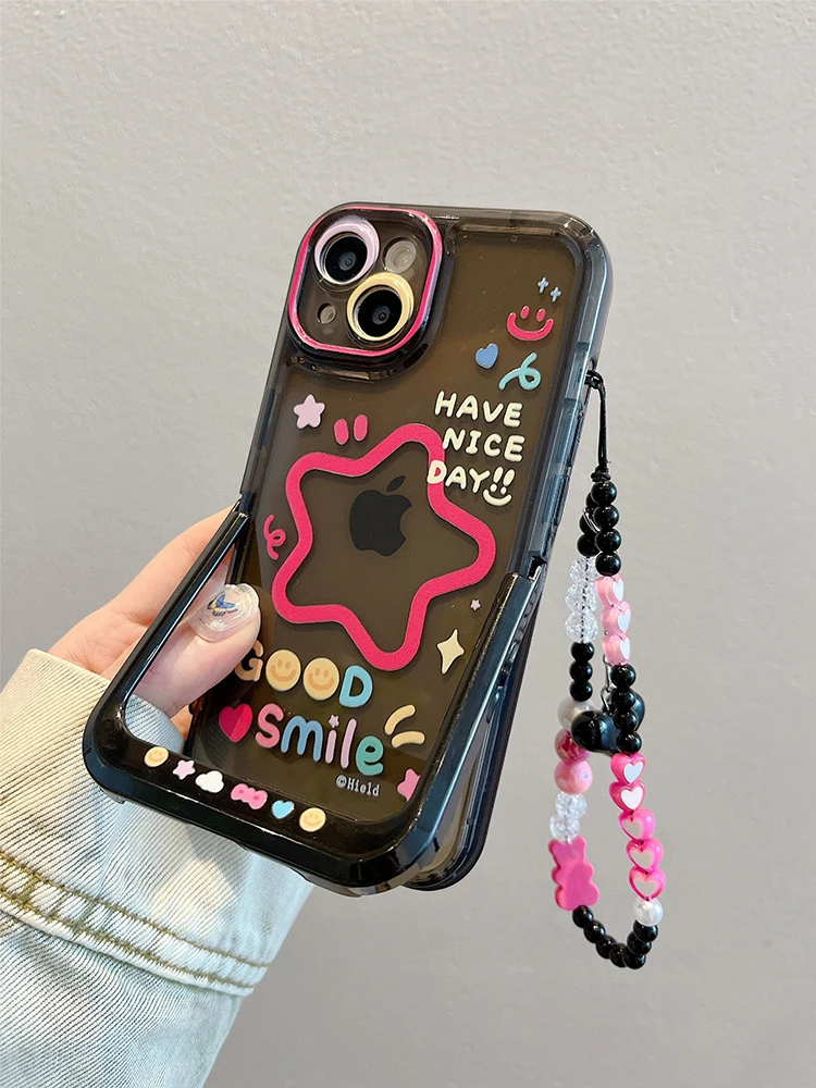 Funda plegable con soporte y estrellas de cara sonriente de dibujos animados para iPhone 16 17 Pro Max 15 14 13 12 11 15 Plus, funda transparente de TPU para teléfono - imagen 3