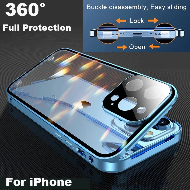 360 ° Protección completa de Metal magnético de doble cara de vidrio con cierre a presión para iPhone 16 Pro Max 14 12 11 13 15 Pro Max cubierta de parachoques - imagen 2
