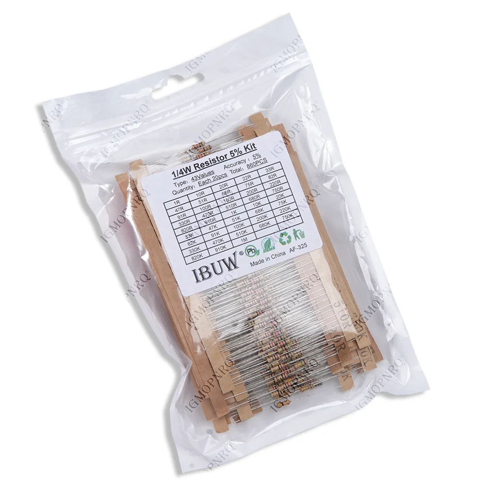 860 unids/lote Kit de resistencias de película de carbono 1/4W 5% resistencias kit surtido 43 valores * 20 piezas resistencia 1R - 1M Ohm 0,25 W paquete de resistencias - imagen 2