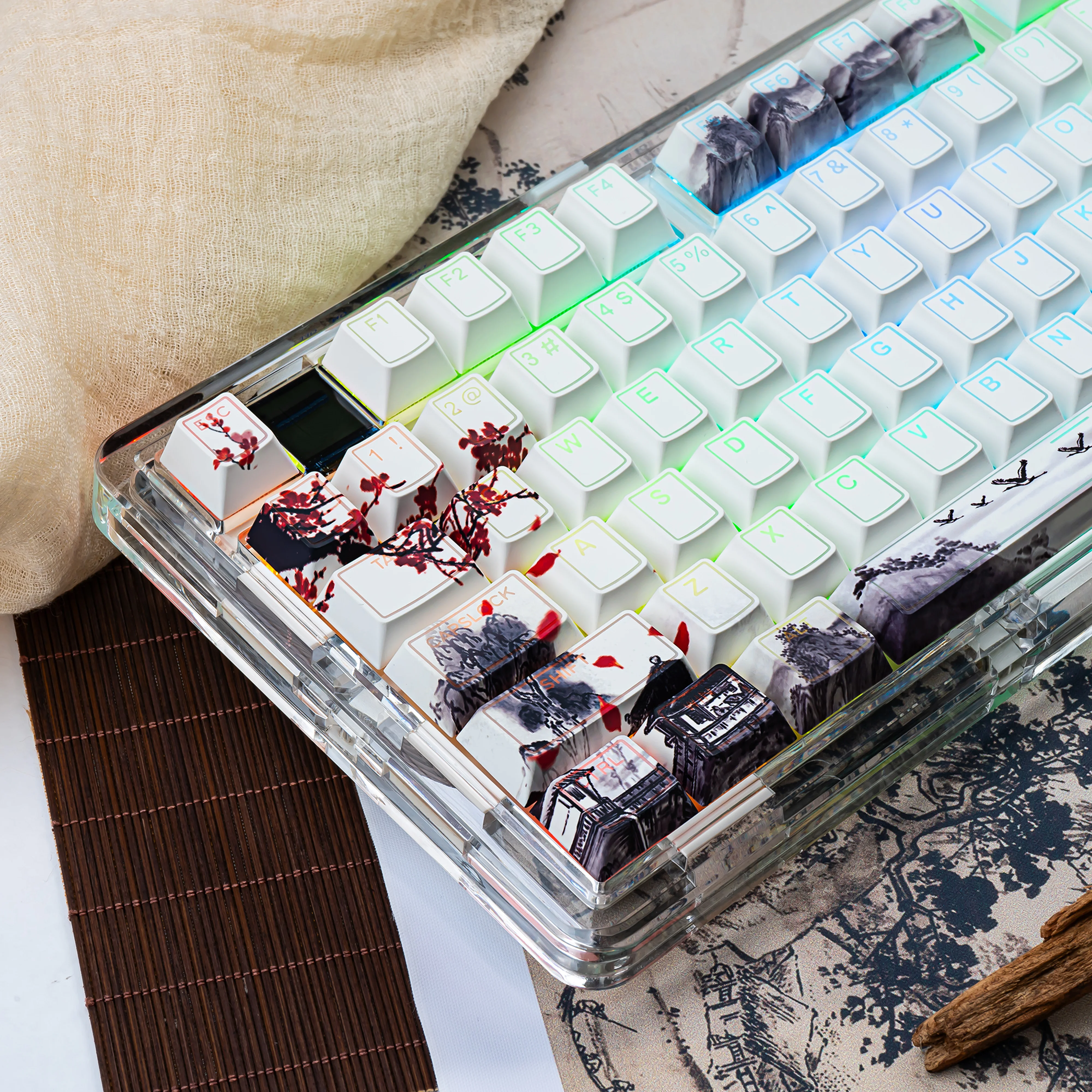 Teclas PBT de sublimación de tinte de cinco lados con flor de ciruelo de tinta, 142 teclas, teclas personalizadas con brillo para interruptores MX, teclado mecánico - imagen 2