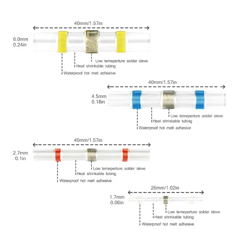 Conectores de Cable de sellado de soldadura, velocidad de contracción 3:1, terminales de Cable eléctrico impermeables, tubo termorretráctil, empalme a tope eléctrico - imagen 3