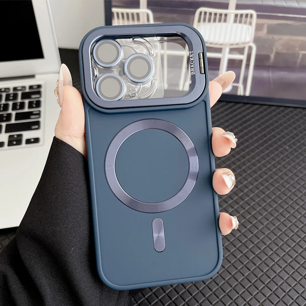 Funda de teléfono magnética con soporte para cámara de película de lente de lujo para iPhone 17 16 15 14 13 13 12 11 Pro Max Air Plus esmerilado para cubierta Magsafe