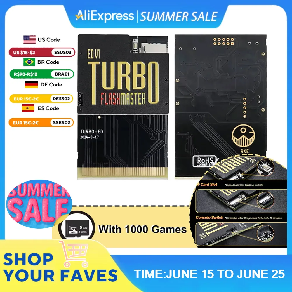 Para TURBO ED PCE Card Tarjeta de juego 1000 en 1 para PC-Engine Turbo GrafX y Turbo GrafX Tarjeta de consola de juegos