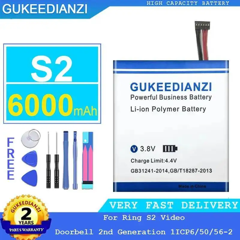 Batería para timbre de 6000Mah, alta capacidad, buen rendimiento a baja temperatura para Ring S2 Video 2.a generación 1ICP6 50 56-2