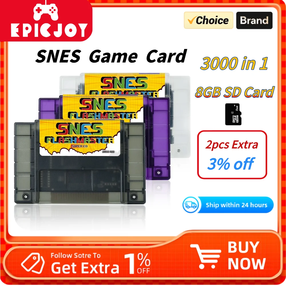 Tarjeta de juego EPICJOY Super SNES, tarjeta SNES 3000 en 1 con tarjeta TF de 8GB para consola Nintendo SNES, Compatible con consola original de EE. UU.