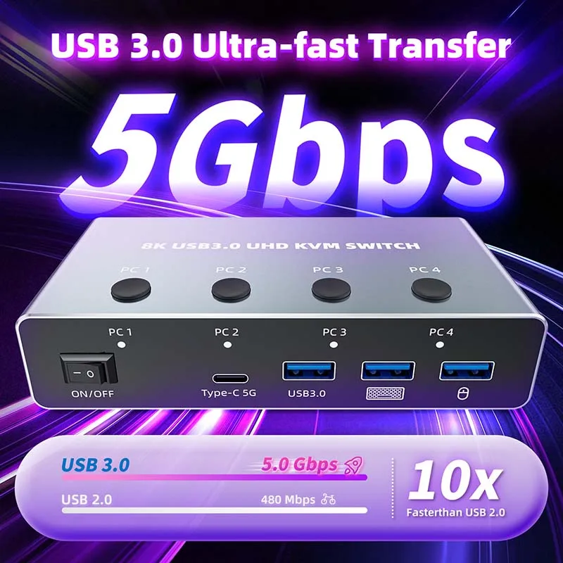 Conmutador KVM HDMI 2,1 de 8K, 60Hz, para 4 ordenadores, 4 puertos, 8K, HDMI 2,1, USB 3,0, conmutador KVM 4K, 120Hz, conmutador HDMI para 4 Uds. USB compartido - imagen 4