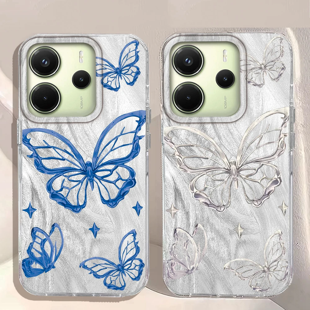 Funda de teléfono para chicas y mujeres con mariposa plateada láser para Xiaomi Redmi Note 14 13 12 11 11S 10 9 8 Pro 9C 13C 14C A5 A3 A4 A3X A1 - imagen 2
